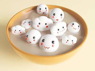 Delicious Smiley Face Dessert Dumplings in Yellow Bowl with Sweet Syrup 3d model