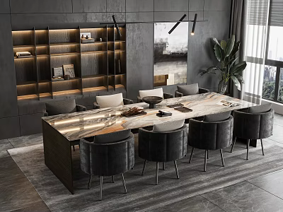 Modern Dining Table Set with Dark Chairs Marble Top Bookshelf LED Lights and Potted Plant 3d model