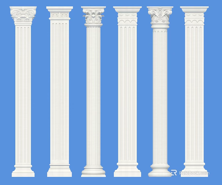 Multiple White Classical Columns With Decorative Tops On Blue Background 3d model 