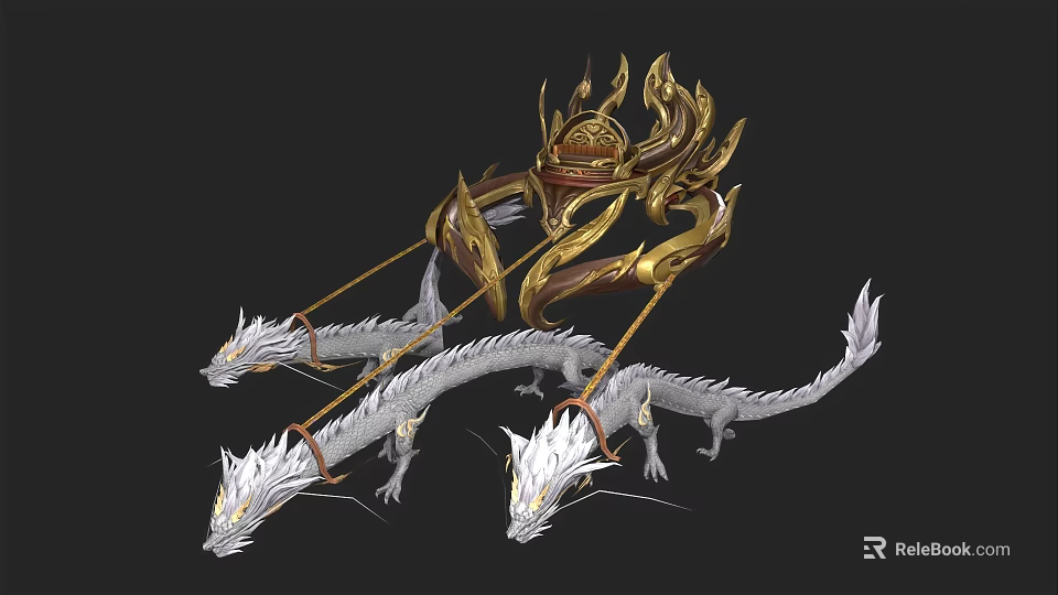 Mythical Chariot With Golden Ornate Structure Pulled By Three White Dragons 3d model 