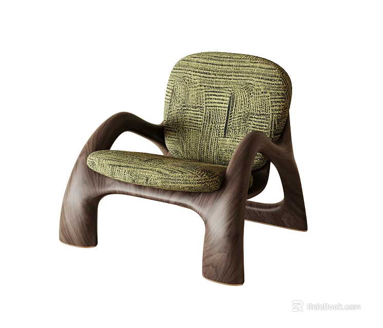Comfortable Leisure Chair With Wooden Frame Curved Armrests And Green Striped Upholstery 3d model 
