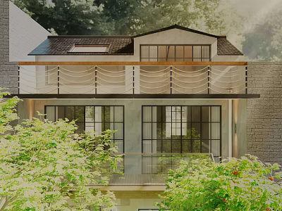 Modern Two Story Detached Villa With Large Windows Balcony And Green Surroundings 3d model