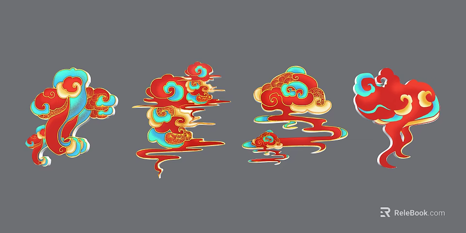 Traditional Chinese Cloud Carving Designs With Red Blue Gold Decorative Elements 3d model