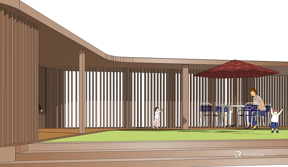 Wooden Pergola With Slatted Sides In Outdoor Area Featuring Lawn Tables Chairs Umbrella And People 3d model 