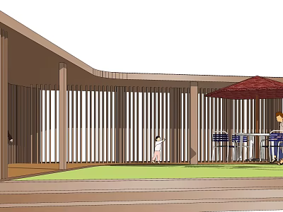 Wooden Pergola With Slatted Sides In Outdoor Area Featuring Lawn Tables Chairs Umbrella And People 3d model