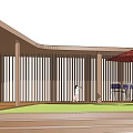 Wooden Pergola With Slatted Sides In Outdoor Area Featuring Lawn Tables Chairs Umbrella And People