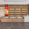 Modern Tobacco and Liquor Store Interior with Wooden Shelves Displaying Wines and Cigarettes