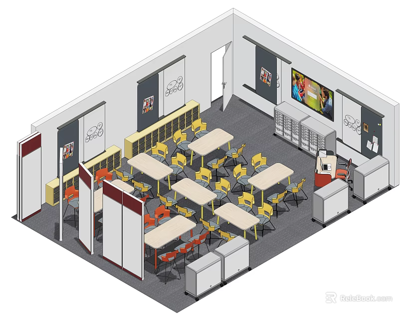 Spacious School Classroom Interior With Desks Chairs Whiteboard Posters And Storage Cabinets 3d model 