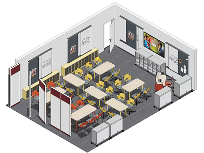 Spacious School Classroom Interior With Desks Chairs Whiteboard Posters And Storage Cabinets 3d model