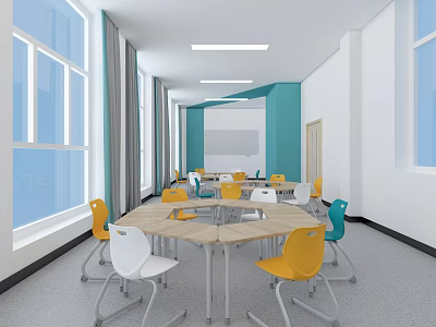 School Classroom With Large Windows Colorful Chairs Hexagonal Tables Turquoise Walls Whiteboard And Ceiling Lights 3d model