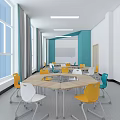 School Classroom With Large Windows Colorful Chairs Hexagonal Tables Turquoise Walls Whiteboard And Ceiling Lights