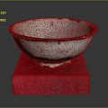Hand Carved Ceramic Bowl Sculpture with Off White Finish on Red Base Stand