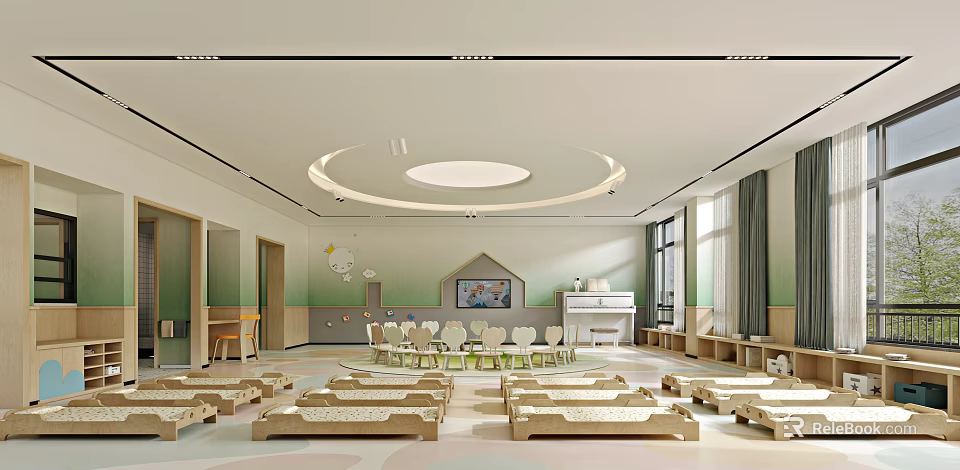 Kindergarten Bright Classroom Interior With Colorful Chairs Cloud Decor And Sunny Windows 3d model