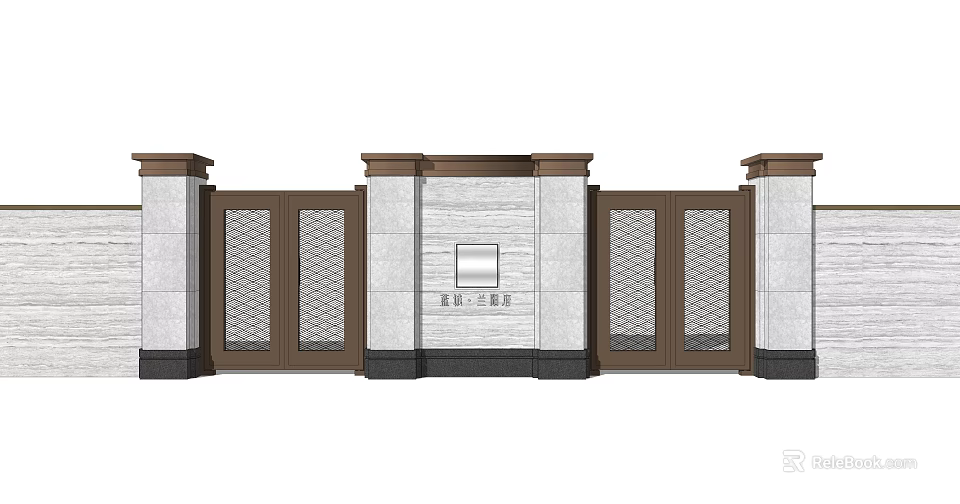 Modern Entrance Gate Design Featuring Stone Pillars Wooden Grilles And Decorative Panels 3d model 
