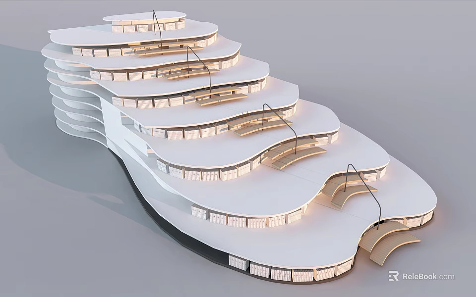 Modern White Bookcase With Layered Curved Structure And Built In Lighting 3d model 