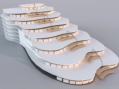 Modern White Bookcase With Layered Curved Structure And Built In Lighting 3d model