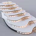 Modern White Bookcase With Layered Curved Structure And Built In Lighting