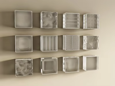 Various Designed Square Boxes Arranged On Light Colored Wall Surface 3d model