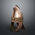 Ancient Weapon Helmet Featuring Bronze Material Ornate Carvings Feathered Crest And Decorative Rim