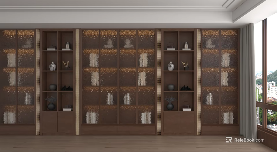 Wooden Storage Cabinet With Multiple Shelves Decorative Items And Textured Panels 3d model 