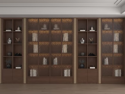 Wooden Storage Cabinet With Multiple Shelves Decorative Items And Textured Panels 3d model