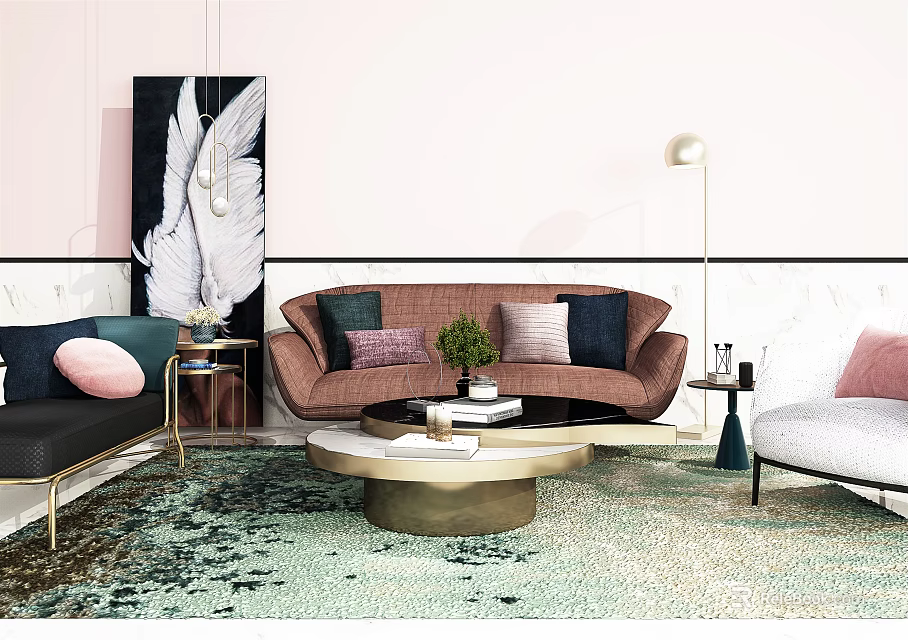 Stylish Sofa and Coffee Table Set With Colorful Pillows Round Table and Patterned Rug 3d model