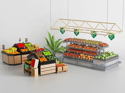 Wooden Retail Fruit Display Shelves With Assorted Fresh Fruits And Hanging Signs 3d model