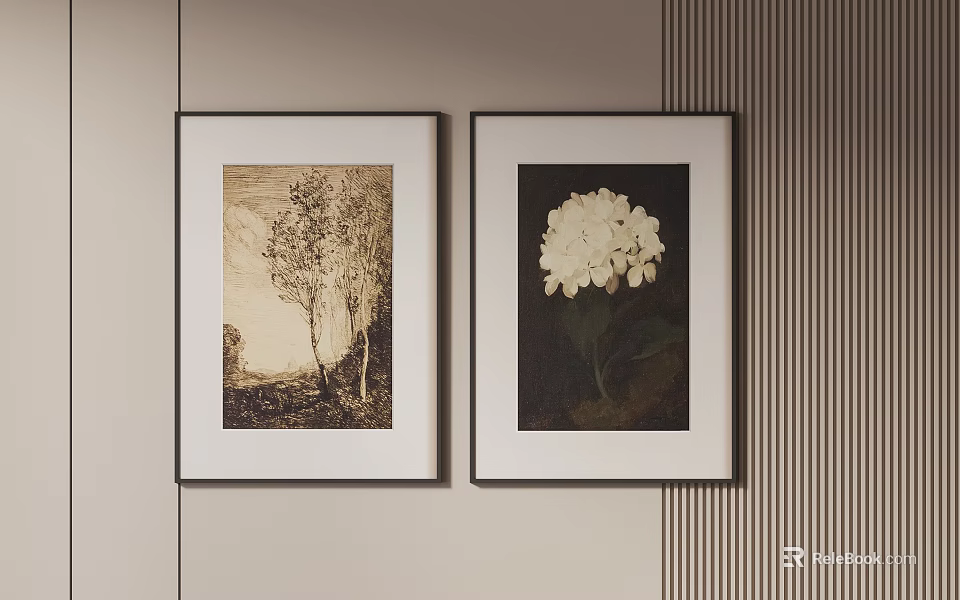 Abstract Landscape and Floral Paintings in Black Frames on Beige Wall with Striped Accent 3d model 