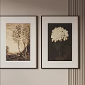 Abstract Landscape and Floral Paintings in Black Frames on Beige Wall with Striped Accent