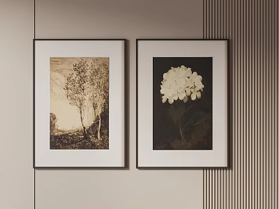 Abstract Landscape and Floral Paintings in Black Frames on Beige Wall with Striped Accent 3d model