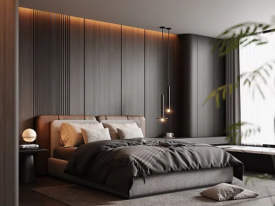 Contemporary Bedroom With Wooden Panel Headboard Hanging Lights And Neutral Bedding 3d model