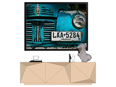 Vintage Blue Car Image On TV With Beige Geometric Stand And Decorative Figurines 3d model