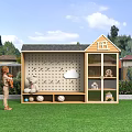 Outdoor Wooden Kids Toy Storage Cabinet With Perforated Board Cloud Decoration And Glass Doors