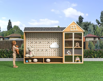 Outdoor Wooden Kids Toy Storage Cabinet With Perforated Board Cloud Decoration And Glass Doors 3d model