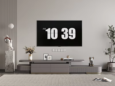Modern TV Stand With Storage Cabinets Decorative Items Photo Frames And Potted Plants 3d model