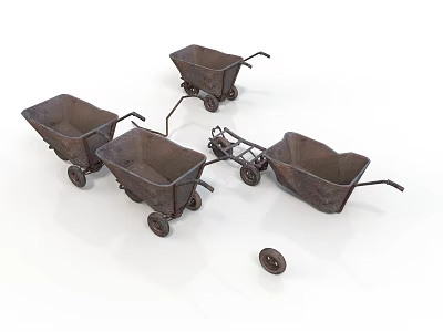 Multiple Vintage Rusted Wheelbarrows With Metal Frames And Detached Wheel 3d model