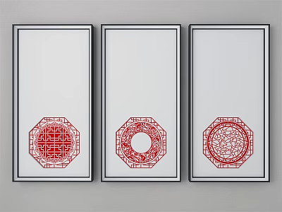 Chinese Red Octagonal Cutout Wall Art With White Frames Hanging On Gray Wall 3d model