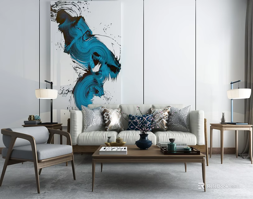 Modern White Sofa Coffee Table Set with Throw Pillows and Abstract Wall Art Backdrop 3d model