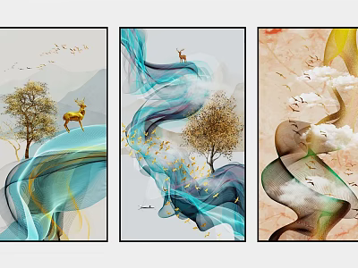 Three Panel Decorative Wall Art With Deer Tree Flowing Lines Birds And Clouds 3d model
