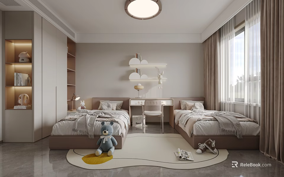 Cozy Kids Room with Twin Beds Stuffed Bear Desk Chair Window Curtains and Playful Rug 3d model 
