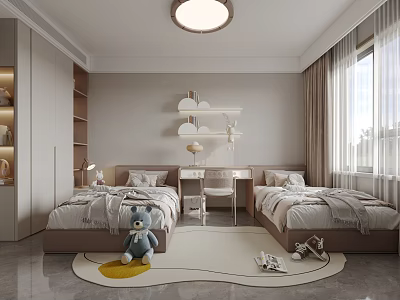 Cozy Kids Room with Twin Beds Stuffed Bear Desk Chair Window Curtains and Playful Rug 3d model