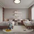 Cozy Kids Room with Twin Beds Stuffed Bear Desk Chair Window Curtains and Playful Rug