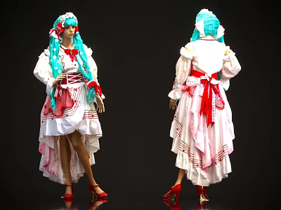 Woman in White and Red Dress with Blue Long Hair and Red High Heels 3d model