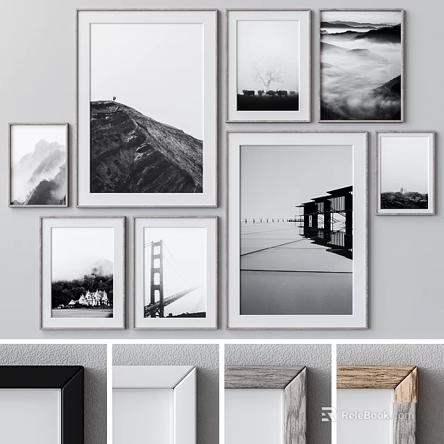 Multiple White Photo Frames With Black And White Wall Art 3d model 