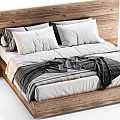Modern Wooden Double Bed With Neutral Linen Bedding Soft Pillows And Cozy Blanket