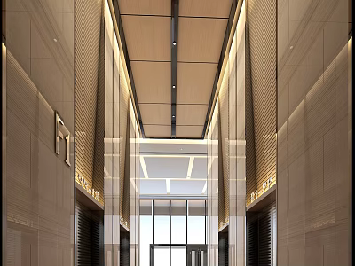 Modern Elevator Hallway Design With Marble Walls Ceiling Lighting And Glass Doors 3d model