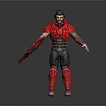 Detailed Male Warrior In Red Armor Holding Weapon Standing On Gray Background