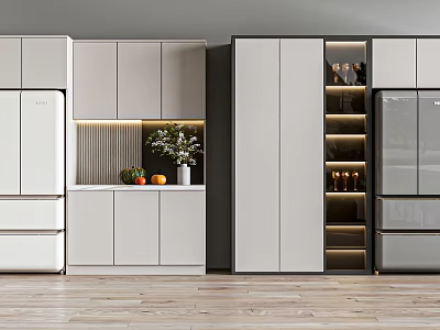 Modern Kitchen Built in Wine Cabinet with Glass Shelves and Wine Bottles 3d model