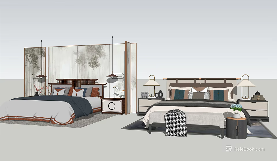 Chinese Style Background Double Bed Bedroom With Bedside Table Pendant Lamp And Decorative Painting 3d model 