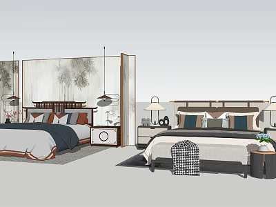 Chinese Style Background Double Bed Bedroom With Bedside Table Pendant Lamp And Decorative Painting 3d model